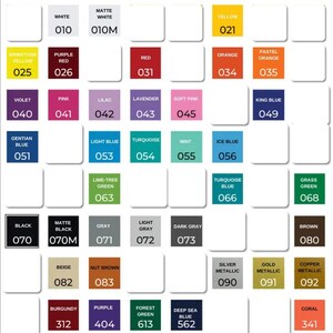 May include: A color chart featuring a grid of square swatches, each labeled with a color name and a corresponding numerical code. The palette includes various shades of red, blue, green, yellow, gray, and metallic tones arranged in rows.