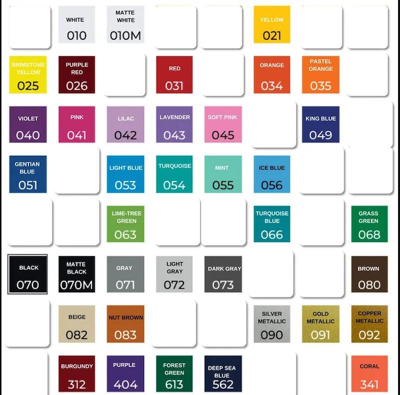 May include: A color chart featuring a grid of square swatches, each labeled with a color name and a corresponding numerical code. The palette includes various shades of red, blue, green, yellow, gray, and metallic tones arranged in rows.