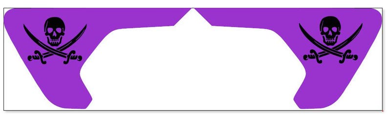 May include: Two purple vinyl decals with a black skull and crossbones design. The skull has a black outline and white eyes.