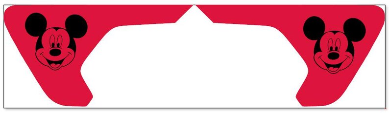 May include: Two red Mickey Mouse head-shaped decals with black outlines. The Mickey Mouse heads are smiling with black eyes and noses.