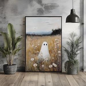 Halloween Ghost in Wildflower Meadow Vintage Painting: Spooky Farmhouse Decor (Digital Download JPG File)