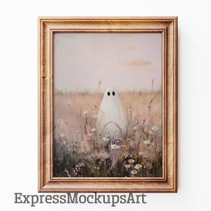 Oil Paiting of Cute Ghost on Flower Meadow, Halloween Decor, Ghosts in Wildflower Field, Spooky Halloween Printable, Instant Download Print