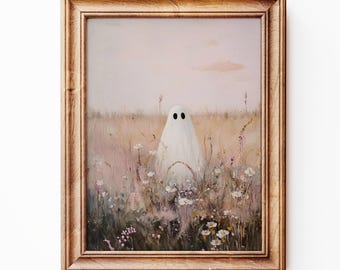 May include: A framed art print shows a white ghost in a field of wildflowers. The artwork has a soft, pastel colour palette with a light pink sky and a wooden frame. The text "ExpressMockupsArt" is at the bottom.