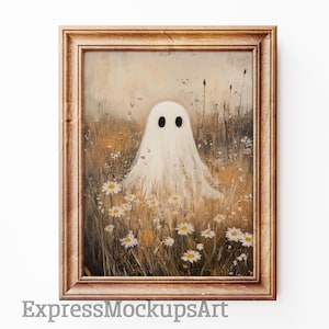 Cute Ghost on Flower Meadow, Vintage Painting Ghost Halloween Edition, Spooky Farmhouse Halloween Decor, Rustic Style, Art Digital Download