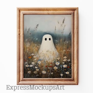 Cute Ghost on a Floral Meadow, Vintage Painting Floral Ghost, Halloween Edition Ghost, Spooky Rustic Style Halloween Decor, Digital Download