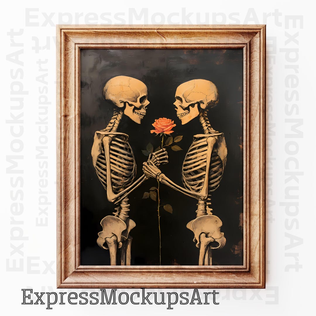 Romantic Skeletons Holding Rose Digital Print, Vintage Gothic Art ...