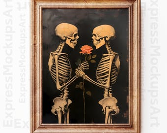Op de afbeelding: Een ingelijst kunstwerk met twee skeletten die tegenover elkaar staan en een roos vasthouden. De skeletten zijn beige tegen een zwarte achtergrond. De lijst is lichtbruin. De tekst "ExpressMockupsArt" staat onderaan.