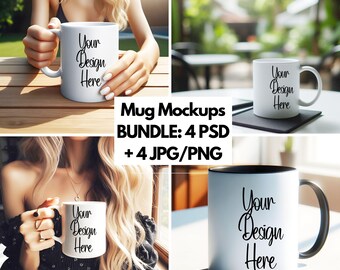 4x Mug Mockup Bundle, PSD PNG JPG Mug Mockups, 11 oz Mug Mockups, Mug Wrap Mockup, Smart Object, Photoshop Mockup, White & Black Handle Mug