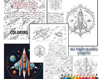 May include: A coloring book with 40 pages featuring spaceships and planets. The cover features a spaceship with the text "Galaxy Federation Coloring" in pink.