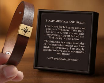 Personalized Mentor Gift, Premium Vegan Leather Compass Bracelet with Custom Engraving, Teacher Appreciation Gifts