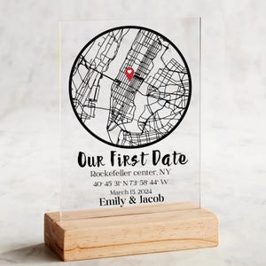 Kaart eerste datum, waar we elkaar hebben ontmoet, acrylstandaard, relatiegeschenk lange afstand, huwelijkscadeau voor stel uniek, cadeau 1e verjaardag