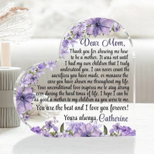 Custom Mother&#39;s Day Gift from Daughter, Personalized Sentimental gifts for Mom, Wildflower Heart Acrylic Plaque, Engraved Poem Acrylic Stand