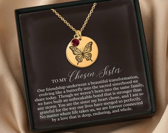 Chosen Sister Gift, Personalized Birthstone Butterfly Necklace, Engraved Gold Pendant, Gift Box Included