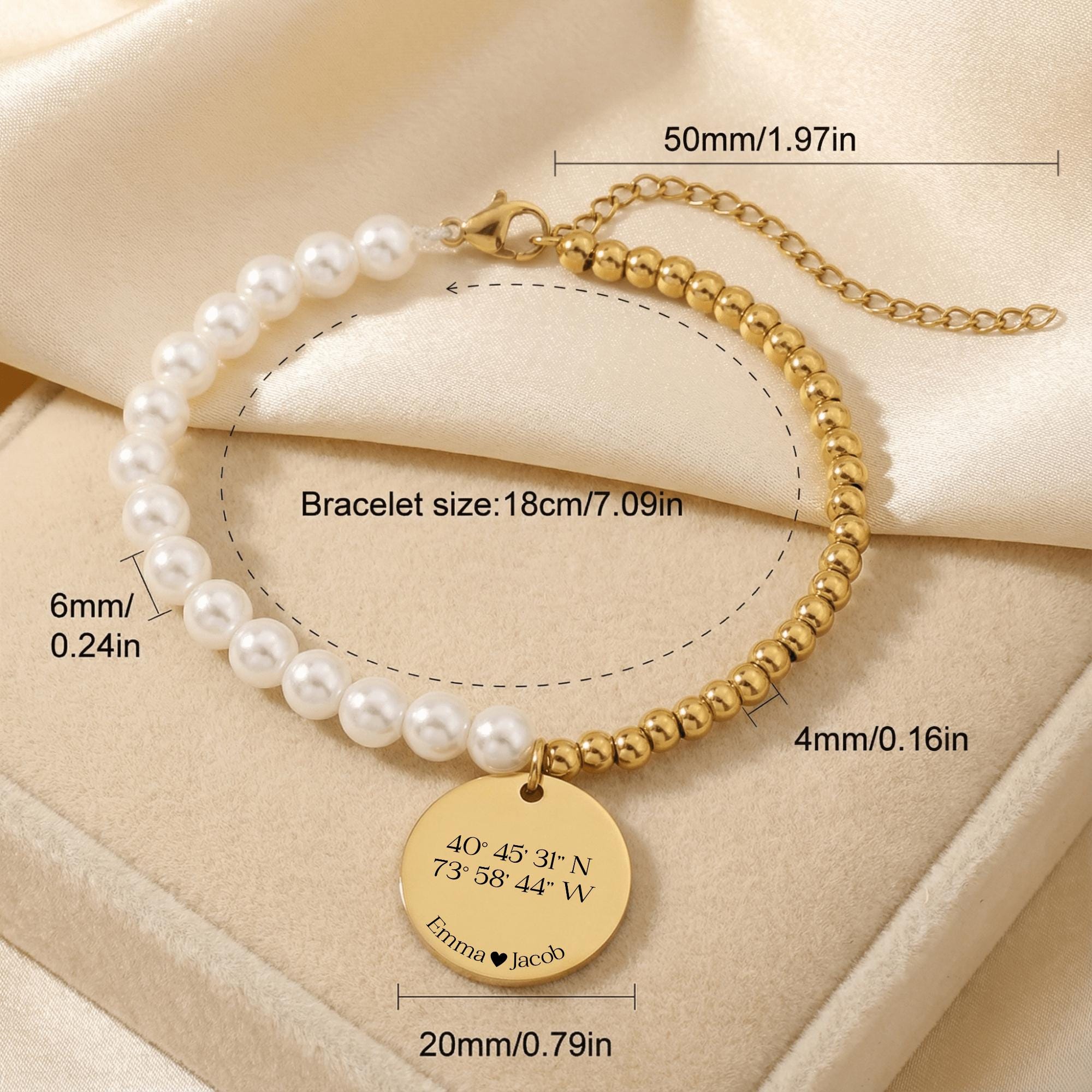 Personalized Coordinates Bracelet for Her: Premium Pearl & Gold Coin ...