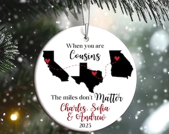 Personalized Long Distance Ceramic Cousin Ornament: Custom State Map Christmas Decoration, Unique Holiday Keepsake