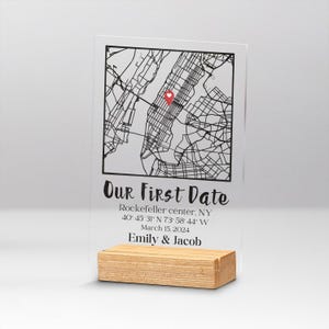 Kaart eerste datum, waar we elkaar hebben ontmoet, acrylstandaard, relatiegeschenk lange afstand, huwelijkscadeau voor stel uniek, cadeau 1e verjaardag