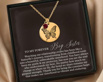 Big Sister Gift, Personalized Birthstone Butterfly Necklace, Engraved Gold Pendant, Gift Box Included