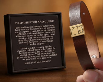 Personalized Mentor Gift, Premium Vegan Leather Fibonacci Sequence Bracelet with Custom Engraving, Teacher Appreciation Gifts