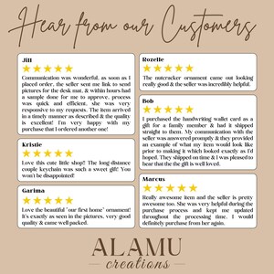 May include: A customer review graphic with text that reads "Hear from our Customers." Reviews are displayed in boxes with customer names and star ratings. The business name "ALAMU creations" is at the bottom.