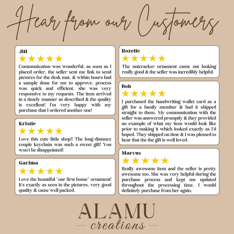 May include: A customer review graphic with text that reads "Hear from our Customers." Reviews are displayed in boxes with customer names and star ratings. The business name "ALAMU creations" is at the bottom.