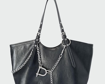 Black Gothic Tote Bag with Chain & Shackle Detail