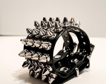 Studded Vinyl Cuff Bracelet | Gothic Punk Wrist Cuff with Double Buckle