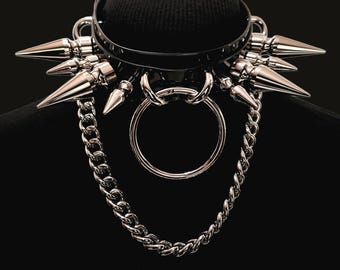Extreme Spiked Gothic Collar with Chain & O-Ring | Black Vinyl Gothic Punk Statement Choker