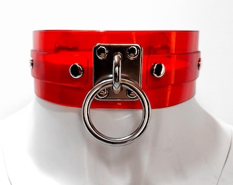 Red Vinyl Collar with Plated O-ring and Lockable Buckles