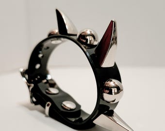 Spike & Dome Black Vinyl Cuff Bracelet | Punk Gothic Hardware Wristband
