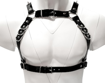 Black Vinyl Chest Harness with D-Rings & Spikes