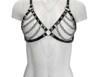 Black Vinyl Cage Bra Harness with Silver Chains
