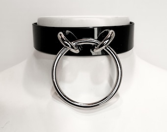 Black Vinyl O-Ring Choker with Double Silver Bridge