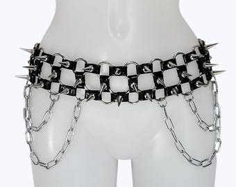 REVENANT Spiked Vinyl Chain Belt | Industrial Gothic Waist Belt with Hanging Chains