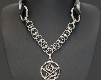 Black Vinyl Pentagram Necklace Choker with Snake Pendant