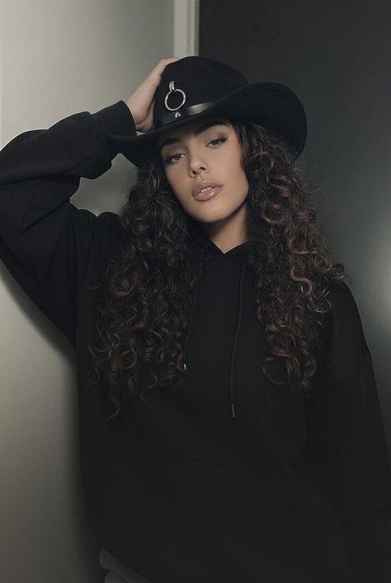 Gothic Cowgirl Hat with O-Ring & Studded Vinyl Band – Black Western Statement Hat