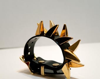 Gold Spike Cuff Bracelet Black Vinyl | Gothic Brass Hardware Wrist Cuff