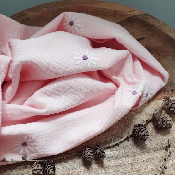 Broderie florale en mousseline rose, double gaze