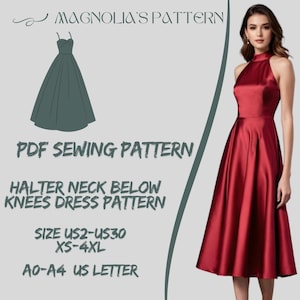 Padrão de vestido com decote halter abaixo dos joelhos, vestido halter, vestido de noivado, costura de vestido, padrão de costura de vestido feminino A0 A4 Carta dos EUA - EUA 2 a 30