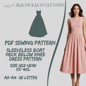 Könnte beinhalten: Ein PDF-Schnittmuster für ein ärmelloses Kleid mit Boot-Ausschnitt und knielanger Länge. Das Schnittmuster umfasst die Größen US2-US30 und XS-4XL. Das Schnittmuster ist in den Größen A0-A4 US Letter erhältlich.