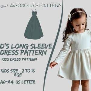 Patrón de vestido de manga larga para niños, patrón de costura de vestido para niños en PDF, patrón de costura de vestido para niñas, tamaño A0, A4, carta de EE. UU., talla de niña de 2 a 16 años