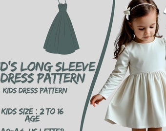 Patrón de costura para vestido de manga larga para niña: talla 2-16 (patrón PDF)