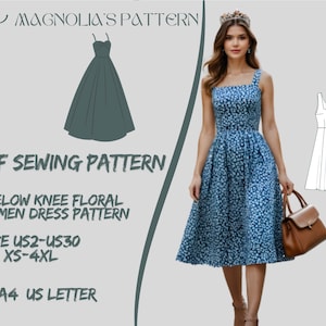 Patrón de vestido de mujer sin tirantes, patrón de vestido de verano, patrón de vestido de verano, vestido de primavera, patrón de costura de vestido de mujer A0 A4 US Letter-US 2 a 30
