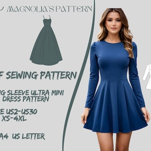Patrón de vestido ultra mini manga larga, patrón de costura de vestido de fiesta, vestido de primavera, patrón de costura de vestido de mujer A0 A4 US Letter-US 2 a 30