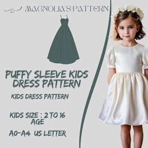 Patrón de vestido de manga abullonada para niña, vestido de verano, patrón de costura de vestido para niña en PDF, patrón de costura de vestido para niña A0 A4 Carta de EE. UU., talla de niña 2 a 16 años