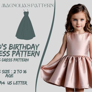 Patrón de vestido de cumpleaños para niños, vestido de fiesta para niños, patrón de costura de vestido para niños en PDF, patrón de costura de vestido para niñas A0 A4 Carta de EE. UU. - Talla de niña de 2 a 16 años