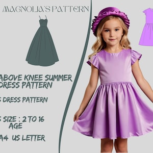 Patrón de vestido de verano para niños, patrón de costura de vestido para niños PDF, patrón de vestido para niños, patrón de costura de vestido para niñas A0 A4 US Letter-Girl Size 2-16 Age