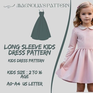 Patrón de vestido de manga larga para niños, vestido con cuello, patrón de costura de vestido para niños en PDF, patrón de costura de vestido para niñas A0 A4 Carta de EE. UU. - Talla de niña de 2 a 16 años