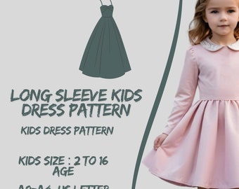 Girls Long Sleeve Collared Dress Sewing Pattern (Size 2-16) (PDF Pattern)