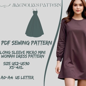 Patrón de vestido de mujer de manga larga, vestido de primavera, vestido de talla grande, patrón PDF, patrón de costura de vestido de mujer A0 A4 Carta de EE. UU. - EE. UU. 2 a 30