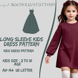 Patrón de vestido de manga larga, vestido para niña, patrón de costura de vestido para niña en PDF, patrón de costura de vestido para niña A0 A4 Carta de EE. UU., talla de niña 2 a 10 años